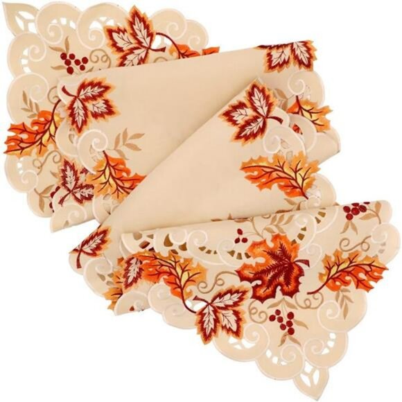 Embroidered fall table runner maple leaves harvest thanksgiving table linen deco - Picture 3 of 7